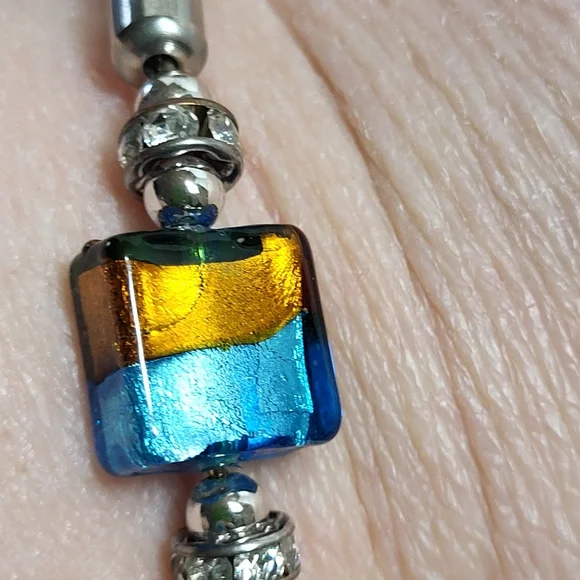 Amber and Blue Dichroic Glass Faux Leather and Rhinestone Tension Bracelet - Picture 3 of 12